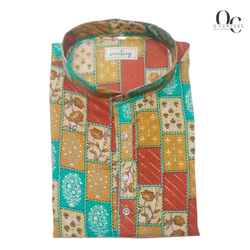 O'Century Men's Fancy Patchwork Long Kurta – Multicolor Printed Fusion