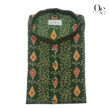 Men’s Leaf Green Printed Long Kurta with Multicolor Ethnic Motifs – O’Century