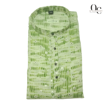 Men’s Pistachio Tie-Dye Long Kurta with White Dobby Accents