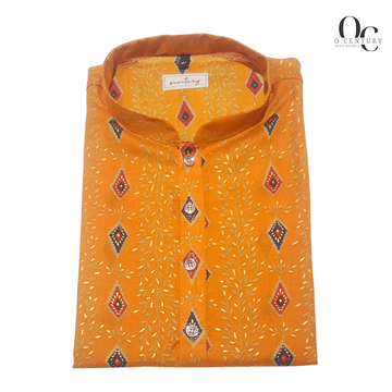 Men’s Saffron Orange Diamond-Printed Fancy Long Kurta with Leaf Motif