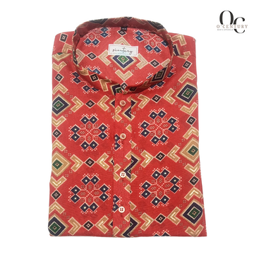 Men's Scarlet Red Geometric Printed Long Kurta – Festive Edition