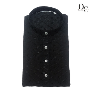 Men’s Festive Black Slub Kurta with Embroidery & Mandarin Collar | O'Century