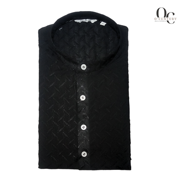 Black Slub Textured Long Kurta for Men with Geometric Weave