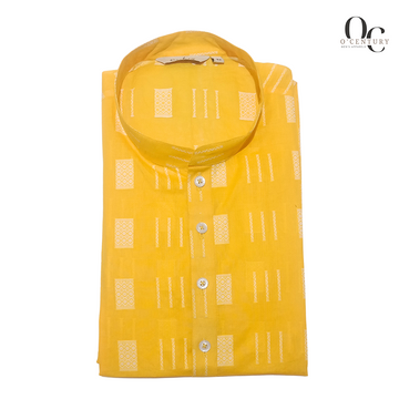 Men’s Vibrant Yellow Long Kurta with White Geometric Butta Print