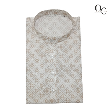 Geometric Floral Print Men's Kurta – Beige & Ivory Slub Cotton