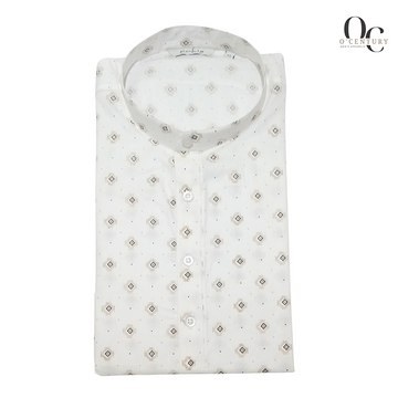 Men’s White Printed Long Kurta with Subtle Geometric Motif – Slub Finish