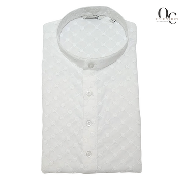 Men's White Slub-Textured Long Kurta with Tonal Thread Embroidery
