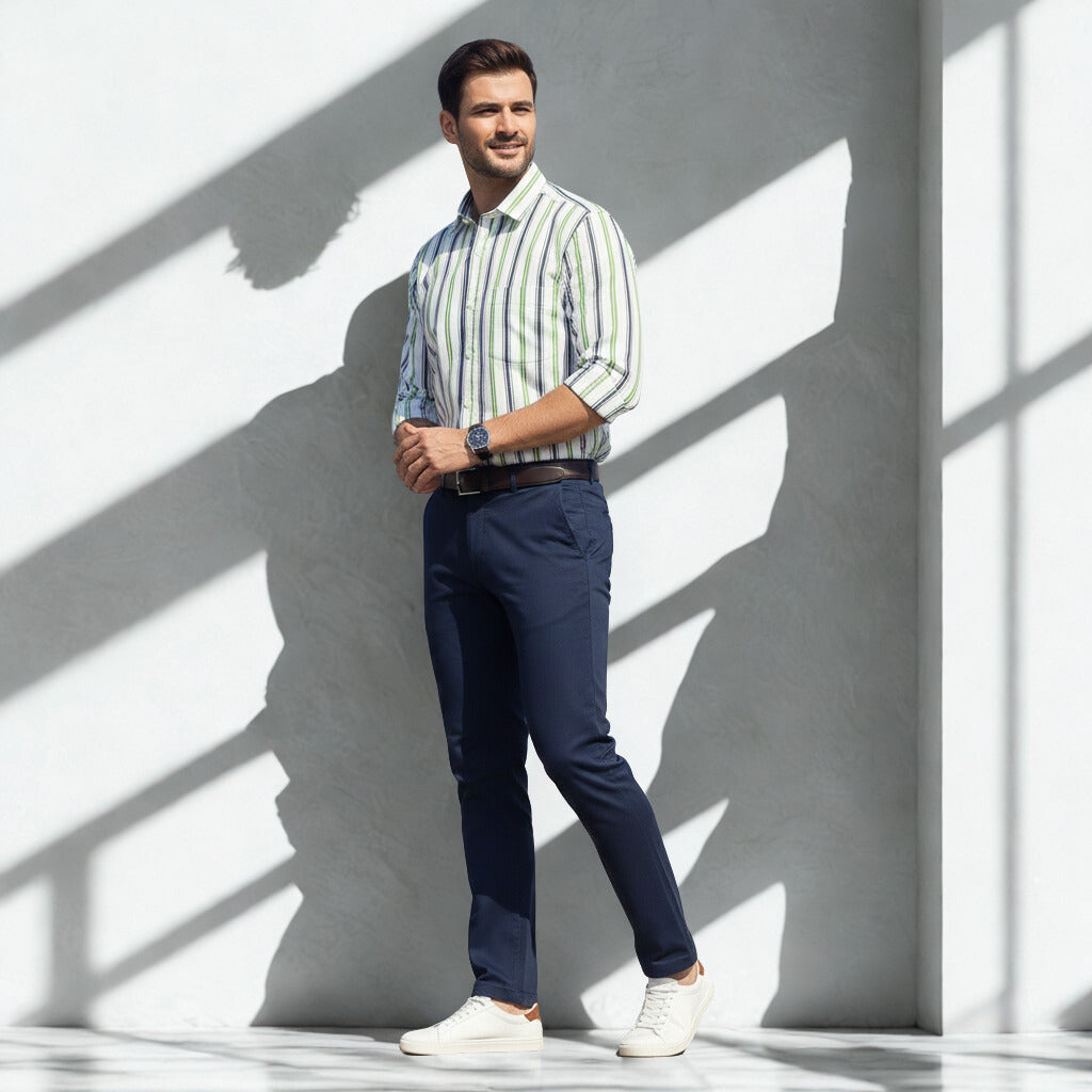 Men's Full Sleeve Striped Shirt with Green, Black, and Grey Vertical Stripes