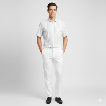Men's White Half Sleeve Striped Cotton Shirt
