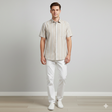 Men's Light Tan (Beige) Half Sleeve Striped Cotton Shirt