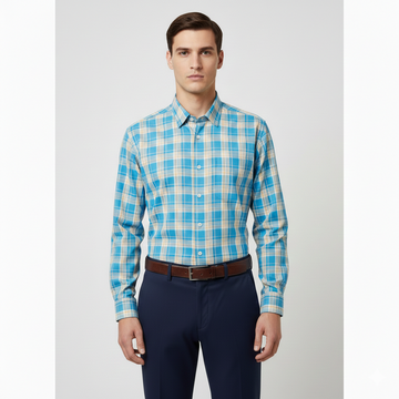 Men's Full Sleeve Shirt with Blue, Beige, and White Checkered Pattern