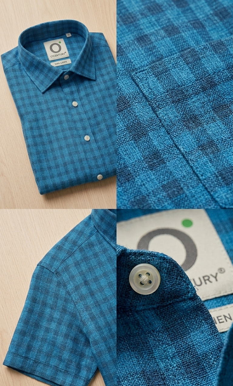 Men's Premium Blue Plaid Check 100% Linen Half Sleeve Shirt