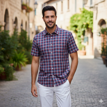 Men's Half Sleeve Checkered Cotton Shirt in a Red, Blue, and White Mix
