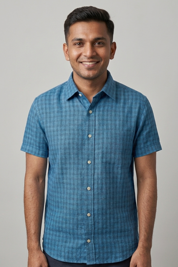Men's Premium Blue Plaid Check 100% Linen Half Sleeve Shirt