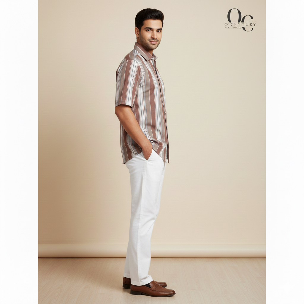 Men's Half Sleeve Striped Shirt - Brown, Beige & White Tones