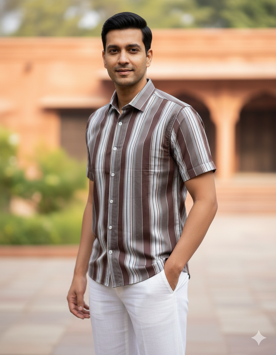 Men's Brown Striped Half Sleeve Shirt