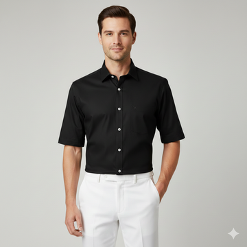 Men's Plain Black Short Sleeve Shirt, Classic Fit, Casual Wear