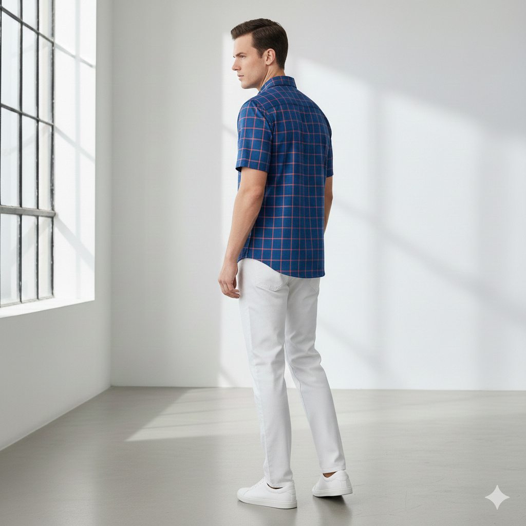 Men's Blue Plaid Cotton Half-Sleeve Shirt