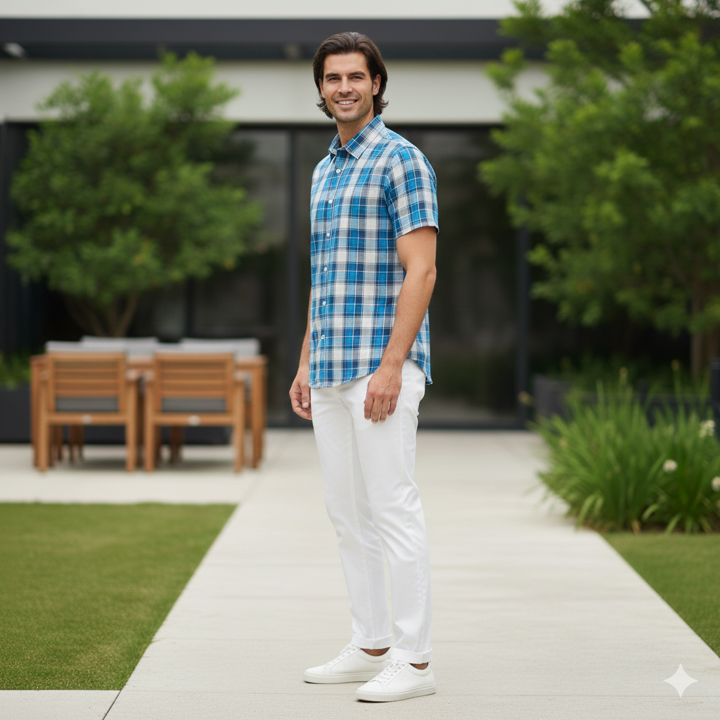 Men's Plaid Checkered Shirt - Blue, Grey & White