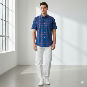 Men's Blue Plaid Cotton Half-Sleeve Shirt