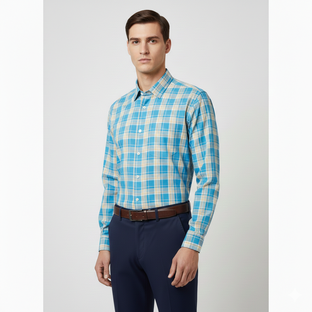 Men's Full Sleeve Shirt with Blue, Beige, and White Checkered Pattern