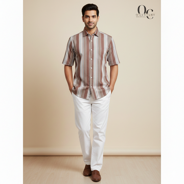 Men's Half Sleeve Striped Shirt - Brown, Beige & White Tones