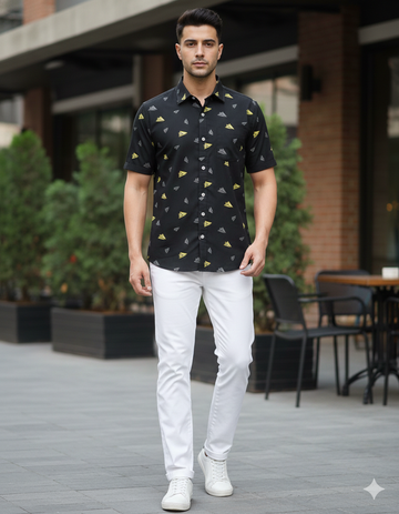 Men's Black Half-Sleeve Shirt with Yellow and Gray Paper Airplane Print