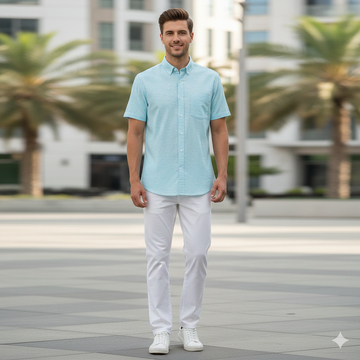 Light Blue Cotton Half Sleeve Textured Shirt for Men