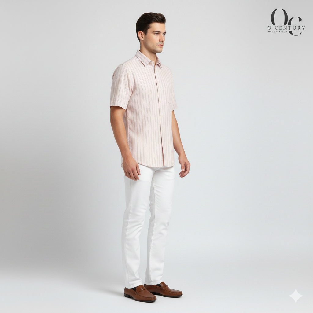 Men's Half Sleeve Cotton Shirt with Pastel Stripes