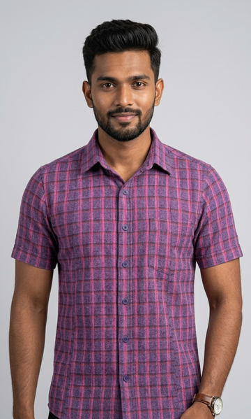 Pure Linen Checked Shirt for Men - Deep Purple/Pink Tartan Plaid