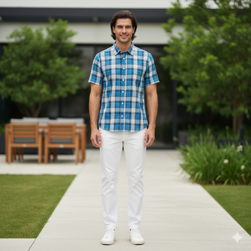 Men's Plaid Checkered Shirt - Blue, Grey & White