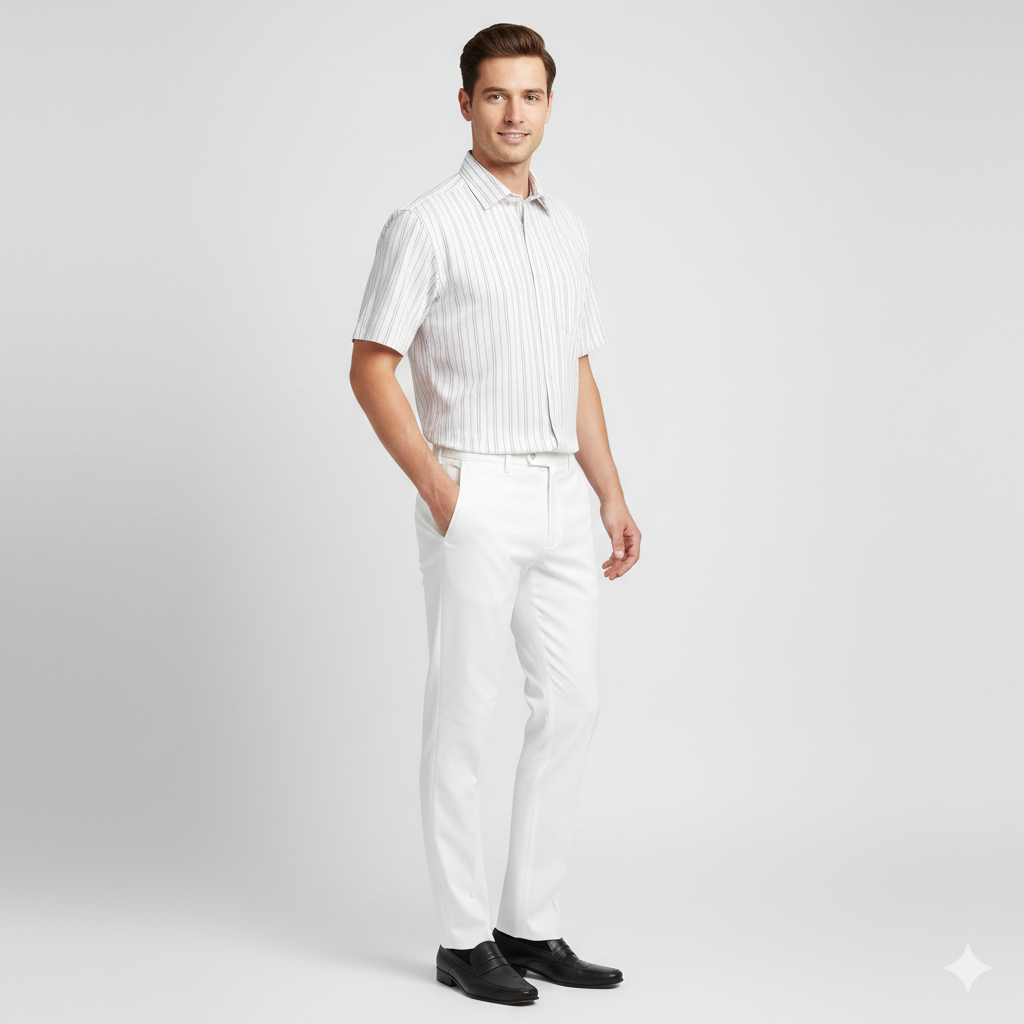 Men's White Half Sleeve Striped Cotton Shirt