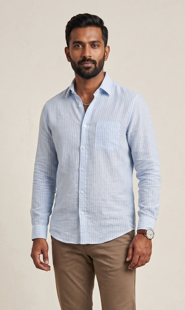 Men's Sky Blue Striped Pure Linen Full Sleeve Shirt