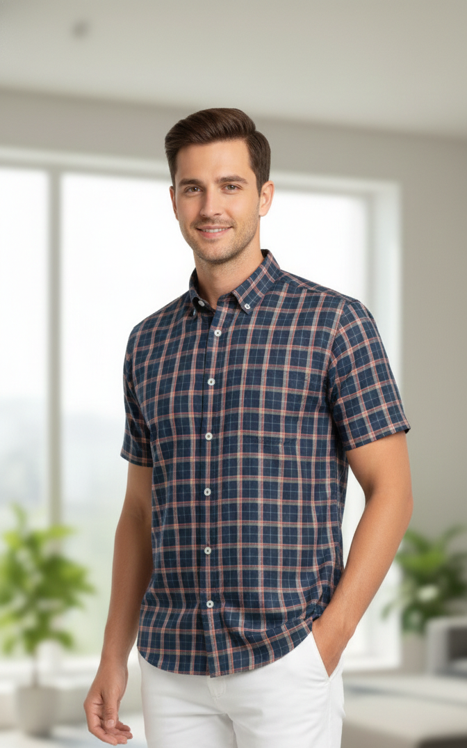 Men 100%Cotton Half Sleeve Shirt (Checkered)