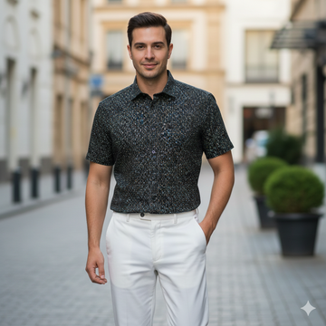 Men's Black Short Sleeve Shirt with Triangle Pattern
