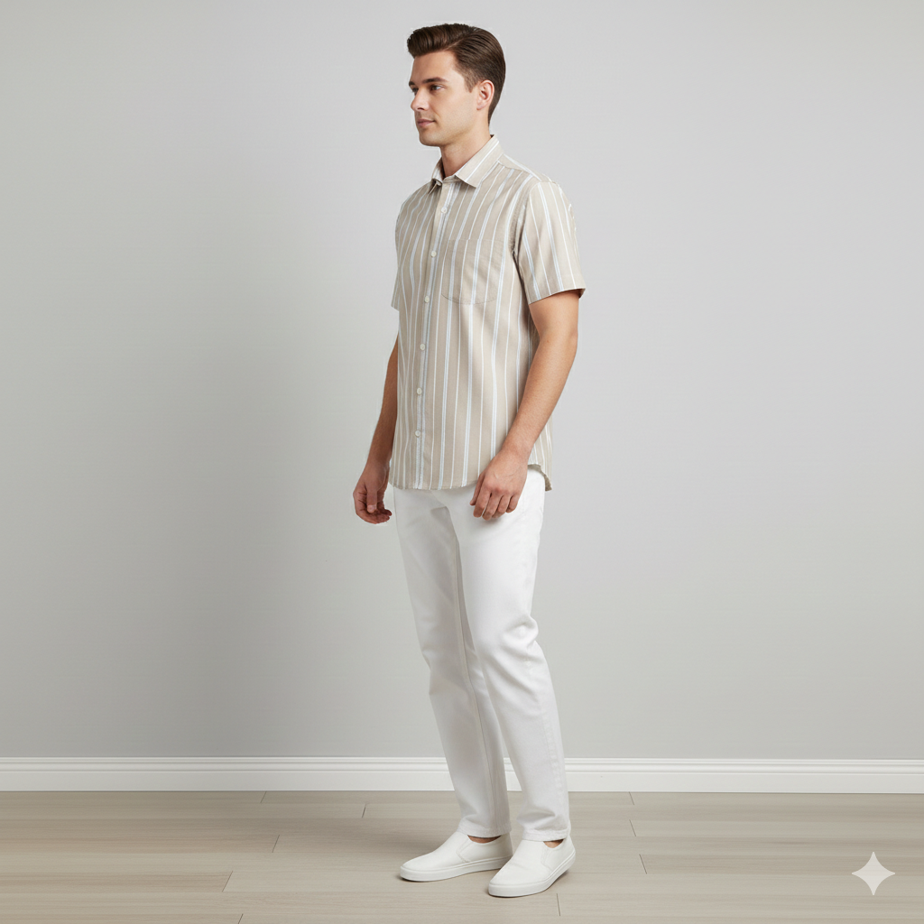 Men's Light Tan (Beige) Half Sleeve Striped Cotton Shirt