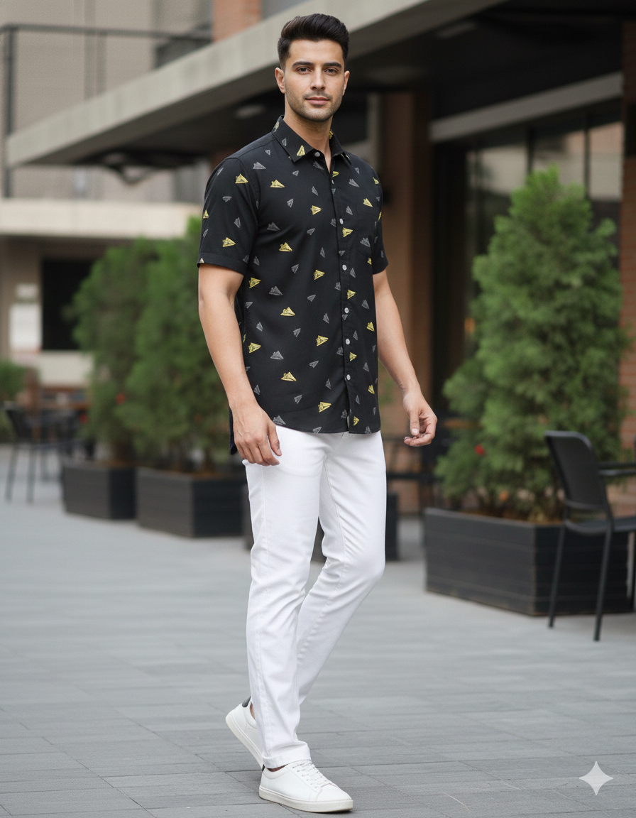 Men's Black Half-Sleeve Shirt with Yellow and Gray Paper Airplane Print