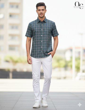 Men's Half-Sleeve Checkered Shirt in mix of Light Gray, Brown, Green, and Dark Blue