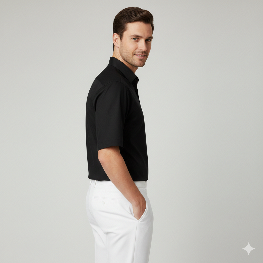 Men's Plain Black Short Sleeve Shirt, Classic Fit, Casual Wear
