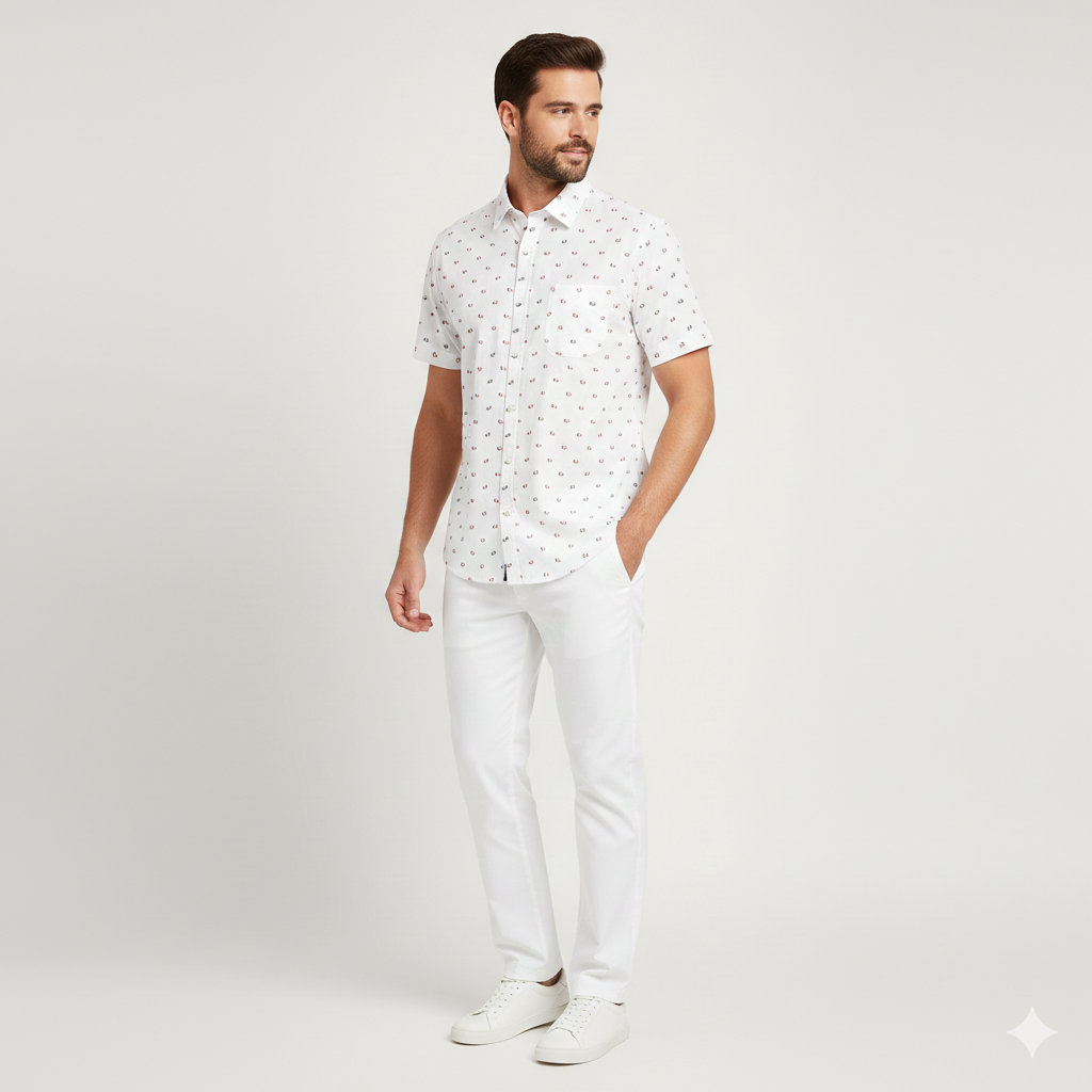 Men's White Half Sleeve Shirt with Red and Blue Floral Print