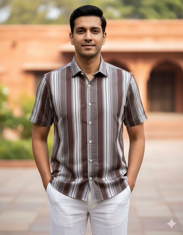 Men's Brown Striped Half Sleeve Shirt