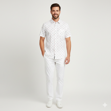 Men's White Half Sleeve Shirt with Red and Blue Floral Print