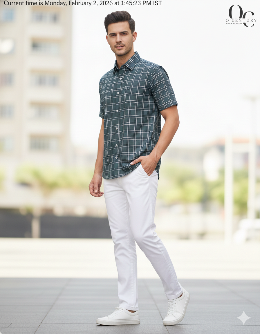 Men's Half-Sleeve Checkered Shirt in mix of Light Gray, Brown, Green, and Dark Blue