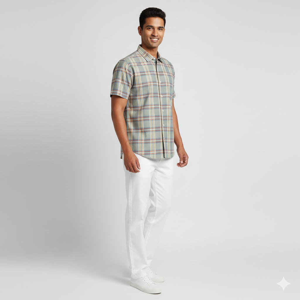 Men's Half Sleeve Plaid Shirt - Green, Beige & Maroon Check