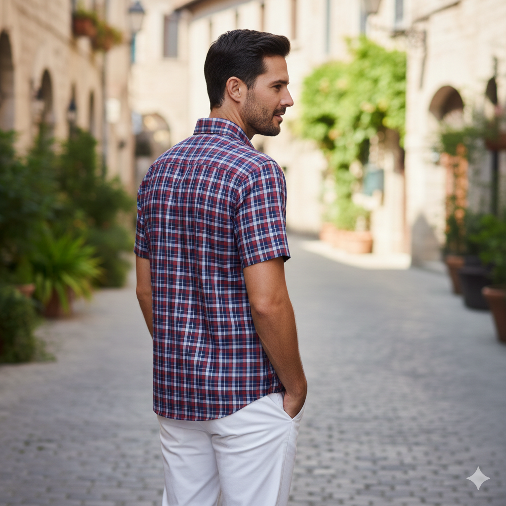 Men's Half Sleeve Checkered Cotton Shirt in a Red, Blue, and White Mix