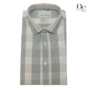 Light Grey & Beige Checkered Cotton Shirt for Men – Full Sleeves, Soft Weave