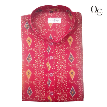 Red Printed Long Kurta for Men with Multicolor Diamond Motif
