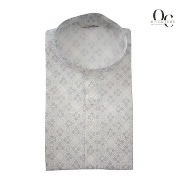 Men's Long Kurta Light Slub Grey with Geometric Printed Detail