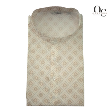 Men's Off-White Slub Kurta with Beige Diamond Print Formal Ethnic Wear