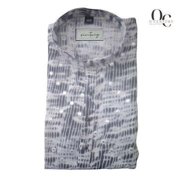 Men's Long Fancy Kurta in White with Gray Abstract Line Print